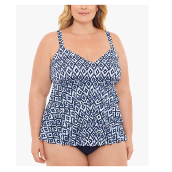Swim Solutions TILE ISLAND NAVY Triple-Tier Fauxkini One-Piece Swimsuit US 24W - Picture 6 of 7